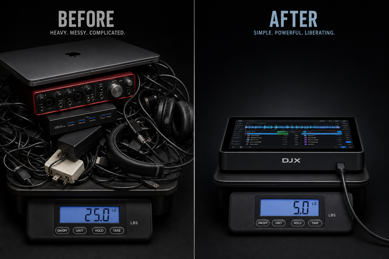 Before and after: 25 lbs of laptop gear vs 5 lbs NeoDeck