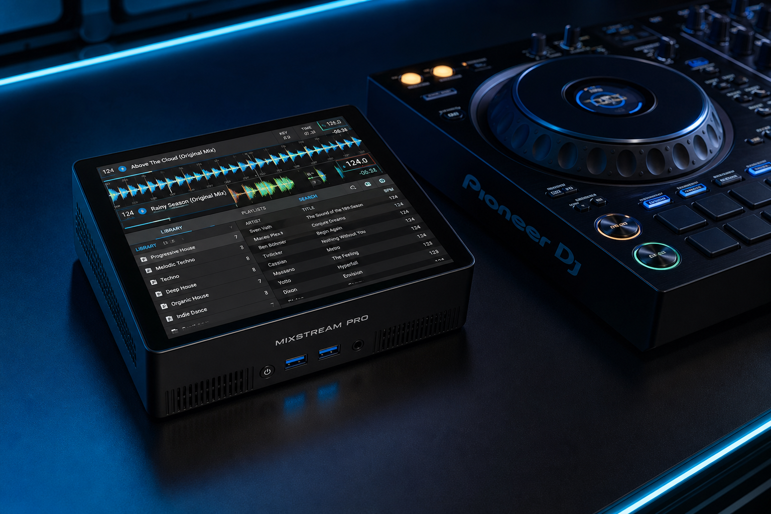 NeoDeck standalone DJ computer on a DJ booth